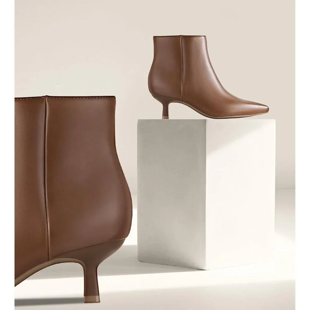 Women's Brown Kitten Heel Ankle Winter Dress Shoes Pointed Toe Side Zipper Boots
